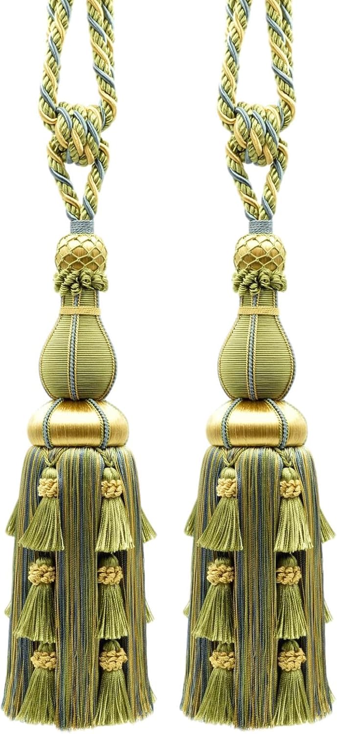 DÉCOPRO Large Elegant Curtain & Drapery Tassel Tieback Tassel Length 12" (30.5cm) 30" Spread (76cm) # TBAX12 Seaside Green #LX04 (Yellow Green Yellow Gold Turquoise Blue) Set of 2