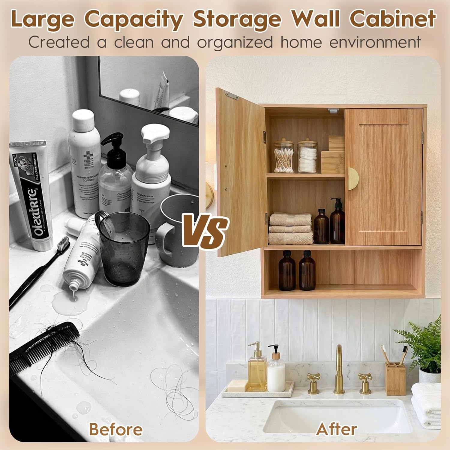 Mazatzal Bathroom Medicine Cabinet, Modern Wall Storage Cabinet with Adjustable Wood Shelf & Grille Design Doors, Over The Toilet Storage Cabinets for Laundry Room, Kitchen, Living Room, Natural