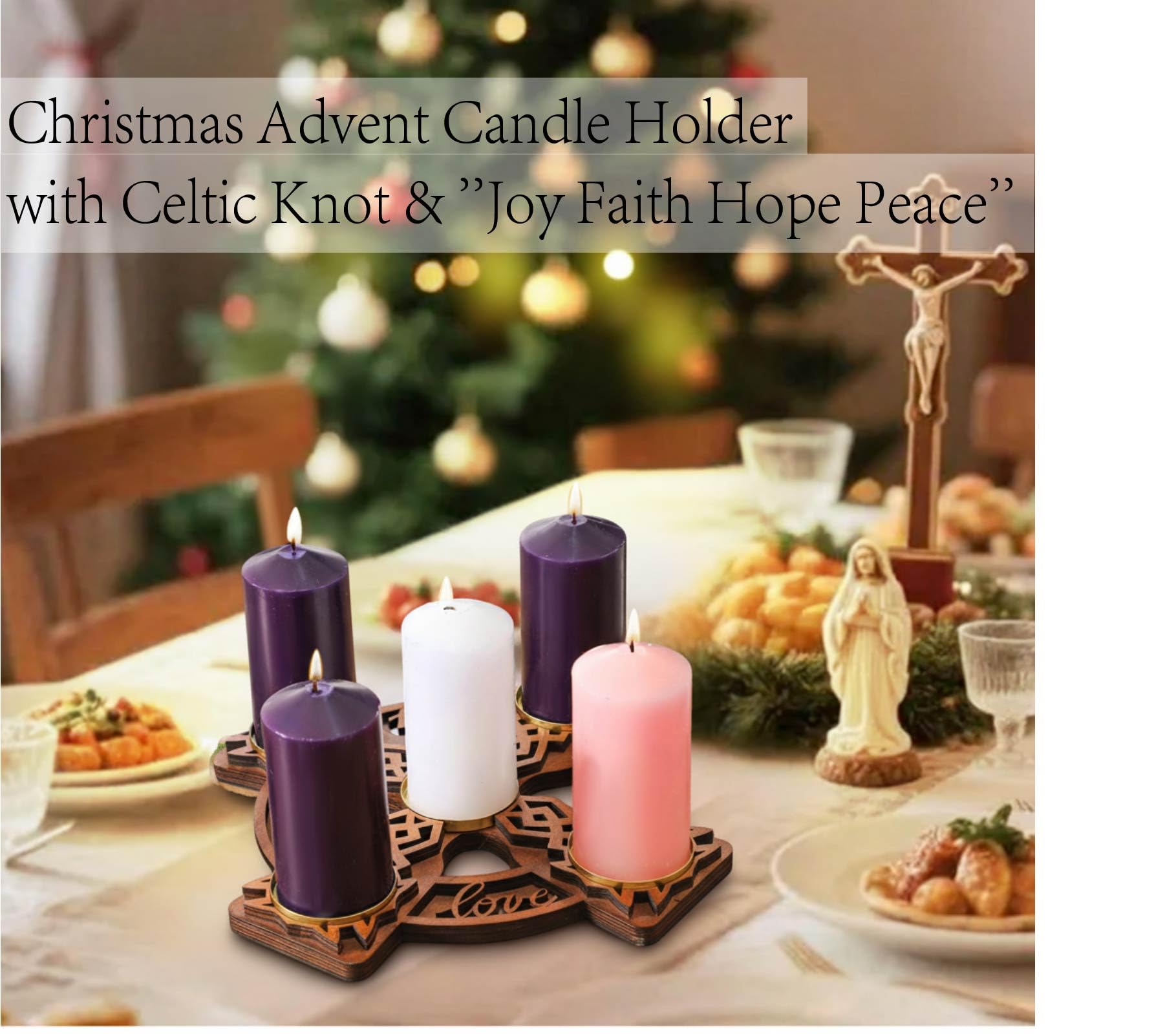 Roowest Portacandele in legno con nodo celtico per la tavola di Natale, centrotavola, decorazione religiosa (candele non incluse)