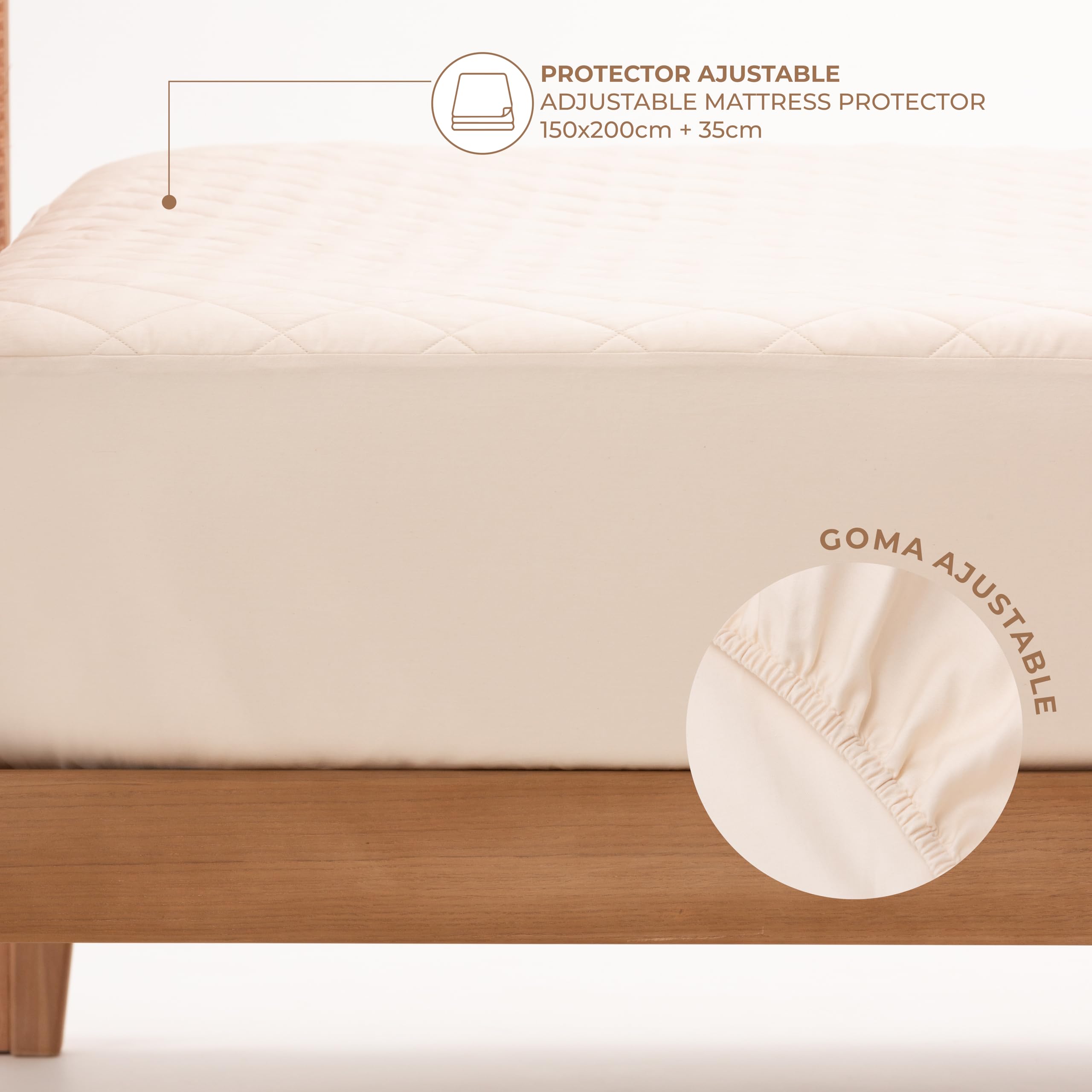 Hönia Protector Colchón, para Cama 150, 100% Algodón Natural, Sateen 300TC | Relleno 200GSM Algodón Puro | Tejido Sin Teñir y Sin Tóxicos | Certificado OEKO-TEX