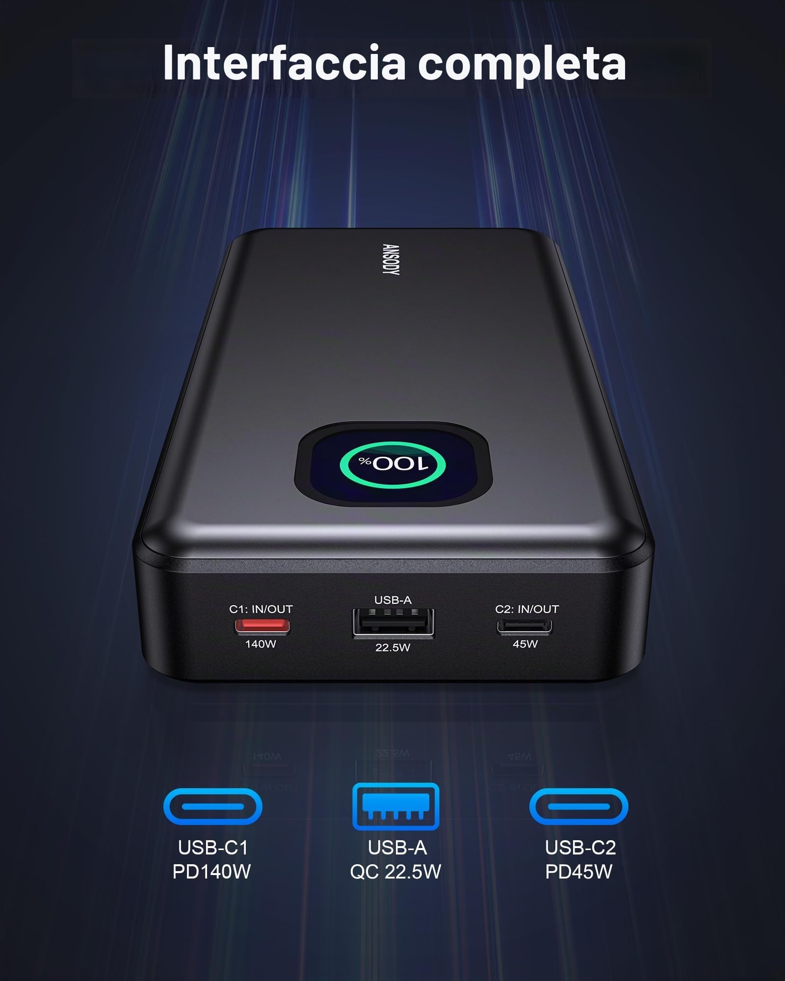 Powerbank da 140 W, 25.000 mAh, per laptop, con display digitale intelligente, batteria di ricarica rapida PD3.1, per MacBook, Dell, XPS, iPad, tablet, Steam Deck, iPhone serie 17-12, switch