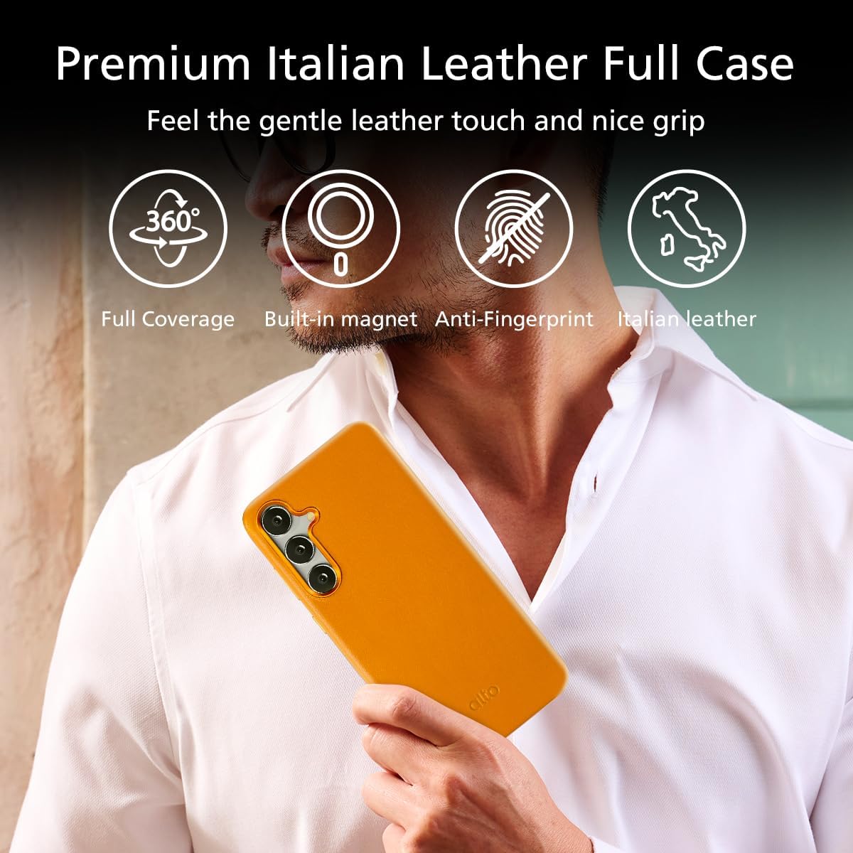 alto Magnetic Leather Case Compatible with Samsung Galaxy S24 Plus and MagSafe, CLOP Series Drop Protective Italian Leather Cover (Caramel Brown)