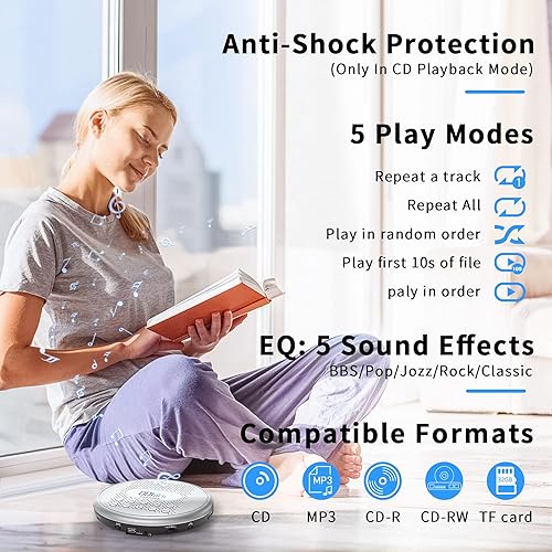 Miniatura 4 de ARAFUNA Reproductor de CD portátil, reproductores de CD portátiles recargables para automóvil con altavoces, reproductor de CD Walkman antisaltos