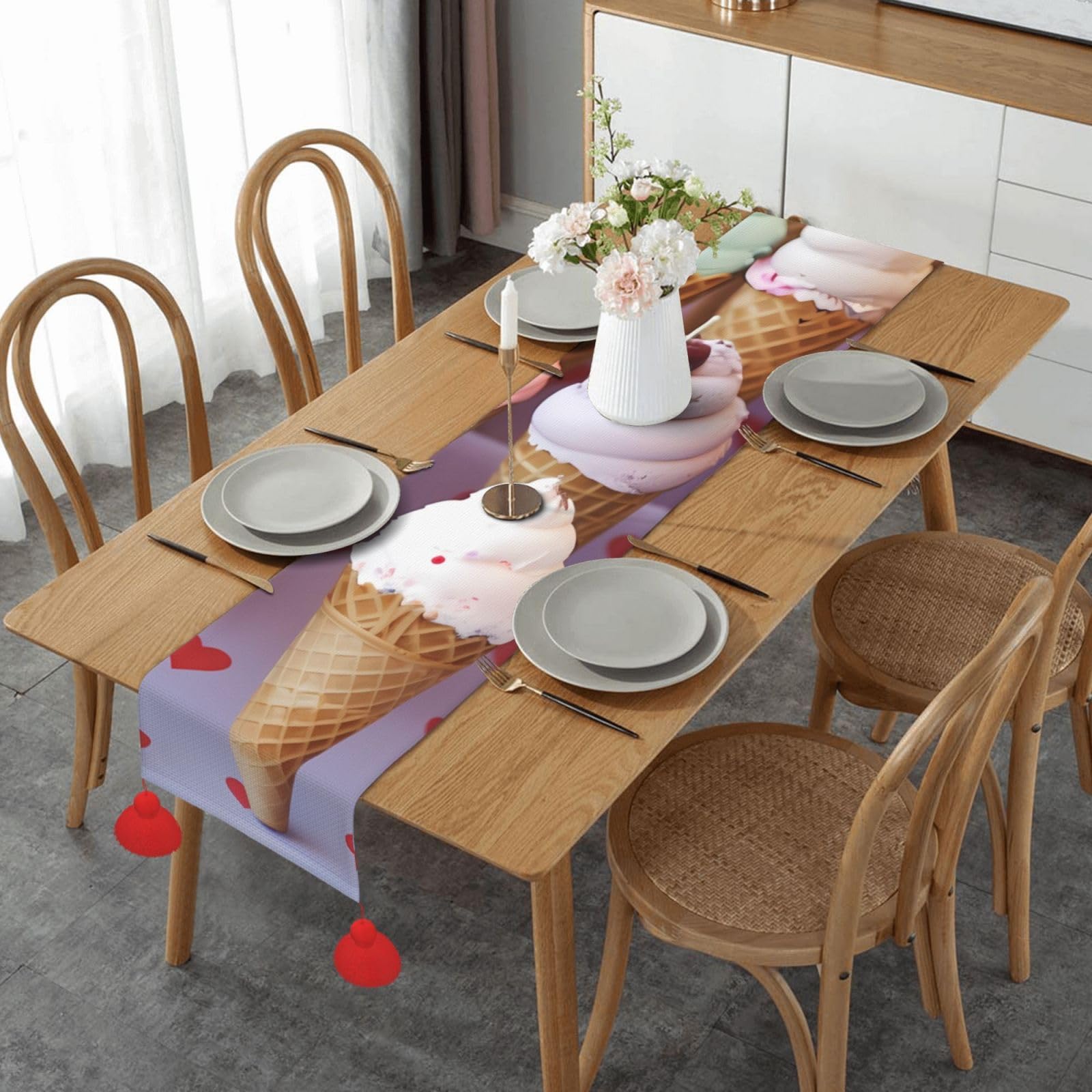Chemin de table en lin crème glacée pour repas d'automne et buffet de mariage