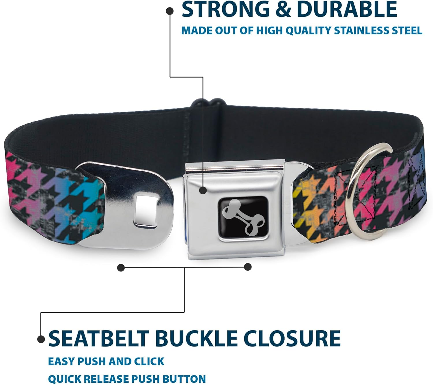 Buckle-Down Seatbelt Buckle Dog Collar - Houndstooth Black/Rainbow - 1" Wide - Fits 11-17" Neck - Medium