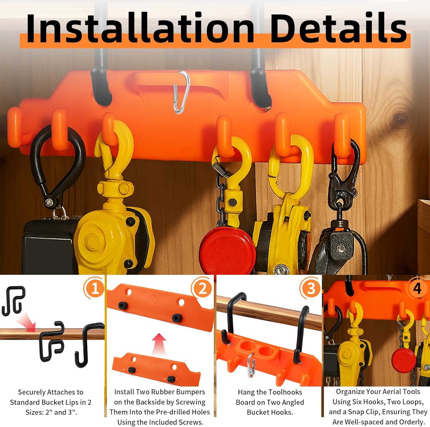 Lineman Tool Board, Line Work Tools Organizer, including 2PCS 3" and 2 PCS 4" Aerial Bucket Hooks, Truck Hook Bucket Organizer, for Trucks Tool and Lineman.
