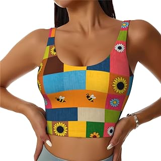 generic Sunflowers Bees and Daisy Patchwork Quilt Pattern Sports Bras Outfit Tummy Control Cropped Athletic Shirts for Gym Loungewear Medium