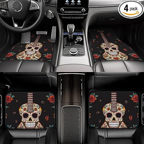 Car Floor Mats Heavy Duty Non-Slip Car Carpet Mats Full Set All Weather Front Rear Car Floor Foot Mat Guitar Pepper Sugar Skull Floor Mat for Cars Heel Pad Universal Car Accessories