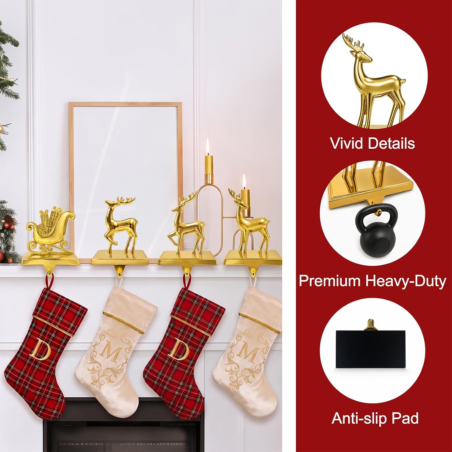 Gold Christmas Stocking Holders for Mantle Set 4