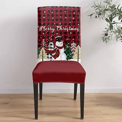 Miniatura 4 de Juego de 4 fundas navideñas para sillas de comedor, diseño de muñeco de nieve con árbol de Navidad, copos de nieve, cuadros rojos, extraíble,
