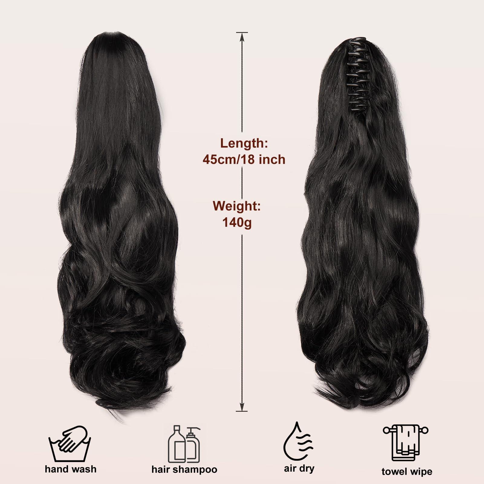 Dcbaboo Ponytail Extension Curly 18inch Claw Clip in Ponytail Hair Extensions Long Wavy Synthetic Pony tails Natural Wave One Piece Hairpiece Fake Ponytail for Women Black - Image 3