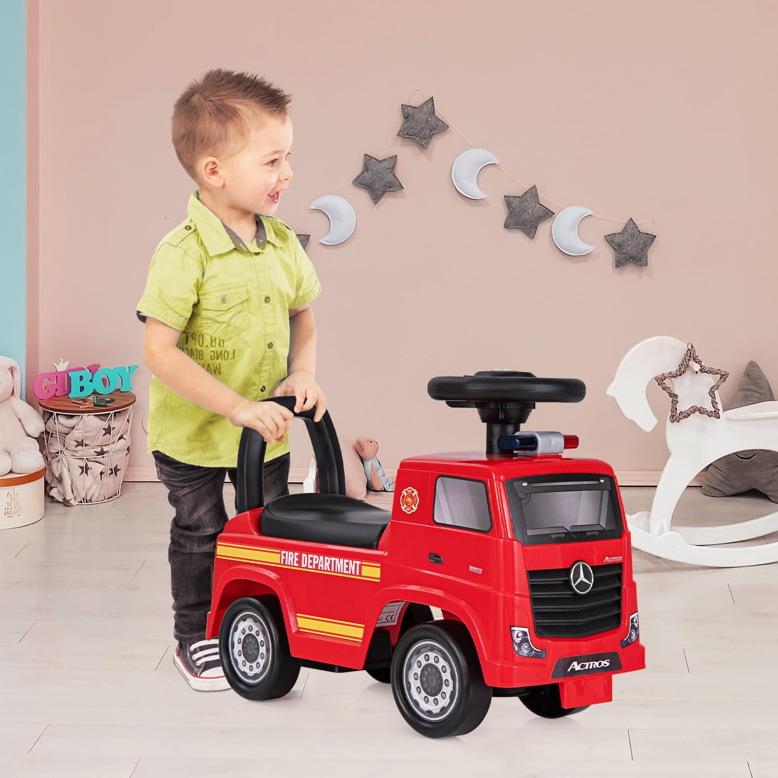 COSTWAY Mercedes Benz Rutschauto, Schiebeauto mit Stauraum & Musik & Hupe & Kippschutz, Kinder Rutscher Feuerwehrauto mit Warnlampe für Kinder ab 2 Jahren, Rot