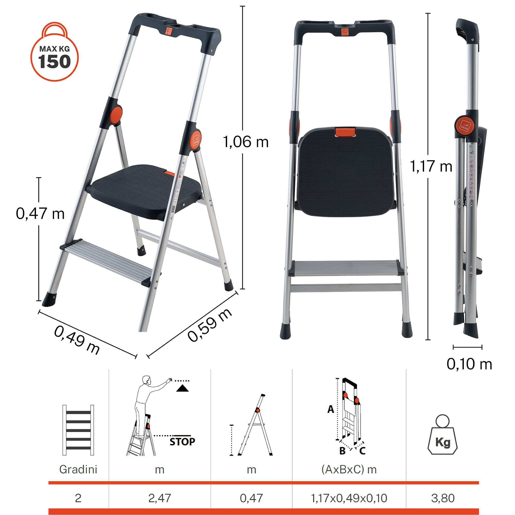 GIERRE Scaletta 2 gradini pieghevole 117H x 49 cm Sgabello Scaletta in Alluminio Anodizzato con Vaschetta Portaoggetti Integrata Scala Salvaspazio con Piedini Antiscivolo e Ampia Piattaforma