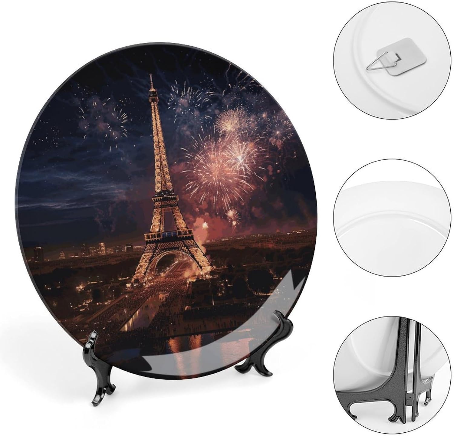 Eiffel Tower Fireworks Ceramic Plate 10inch Decorative Bone China Wall Hanging Ornament Plates Bohemian Style Dinner Plate with Display Stand Cabinet Display Plates for Home Art Decor