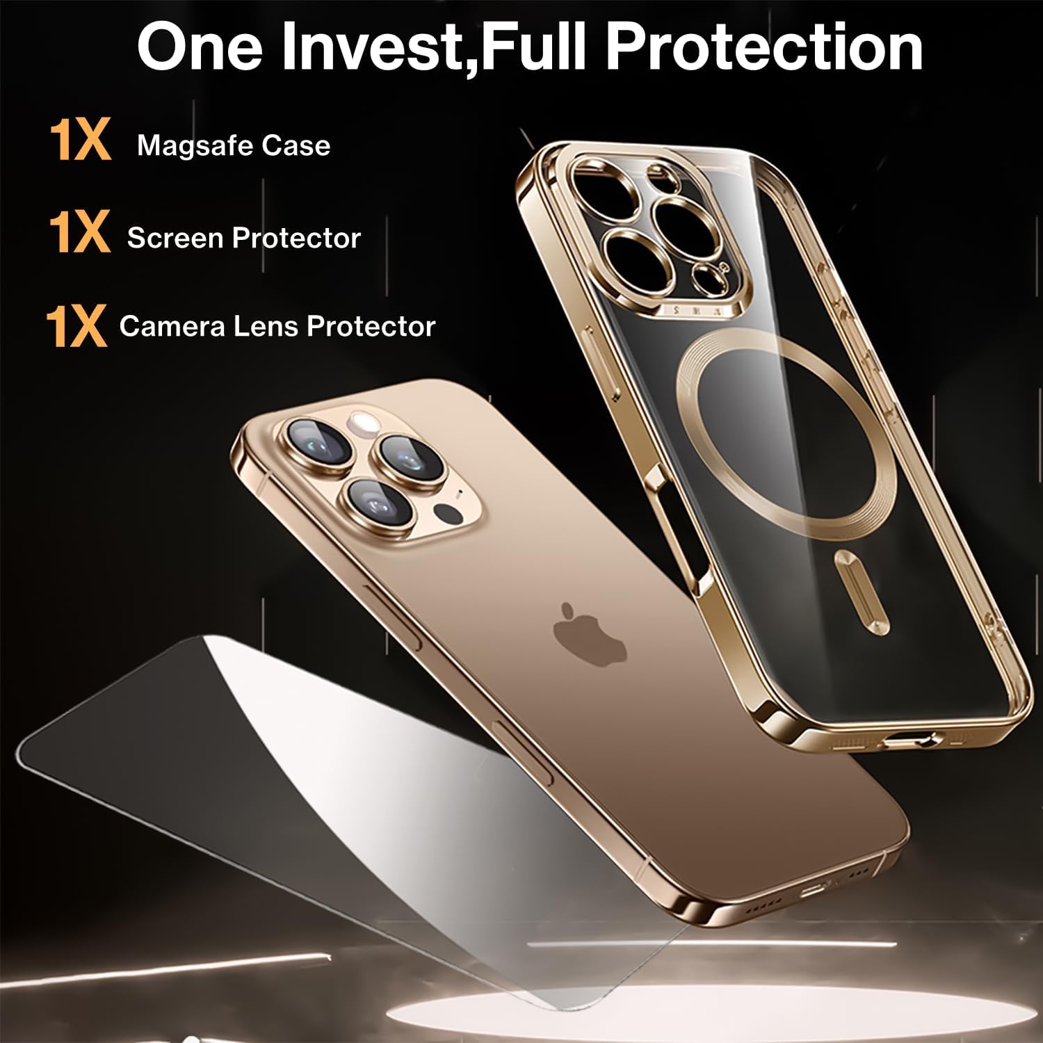 Clear Titanium for iPhone 16 Pro Max Case with Screen Protector [Compatible with MagSafe][Full Camera Cover Protection] Metallic Glossy Luxury Soft TPU for iPhone 16 ProMax Phone Case,Gold image 2