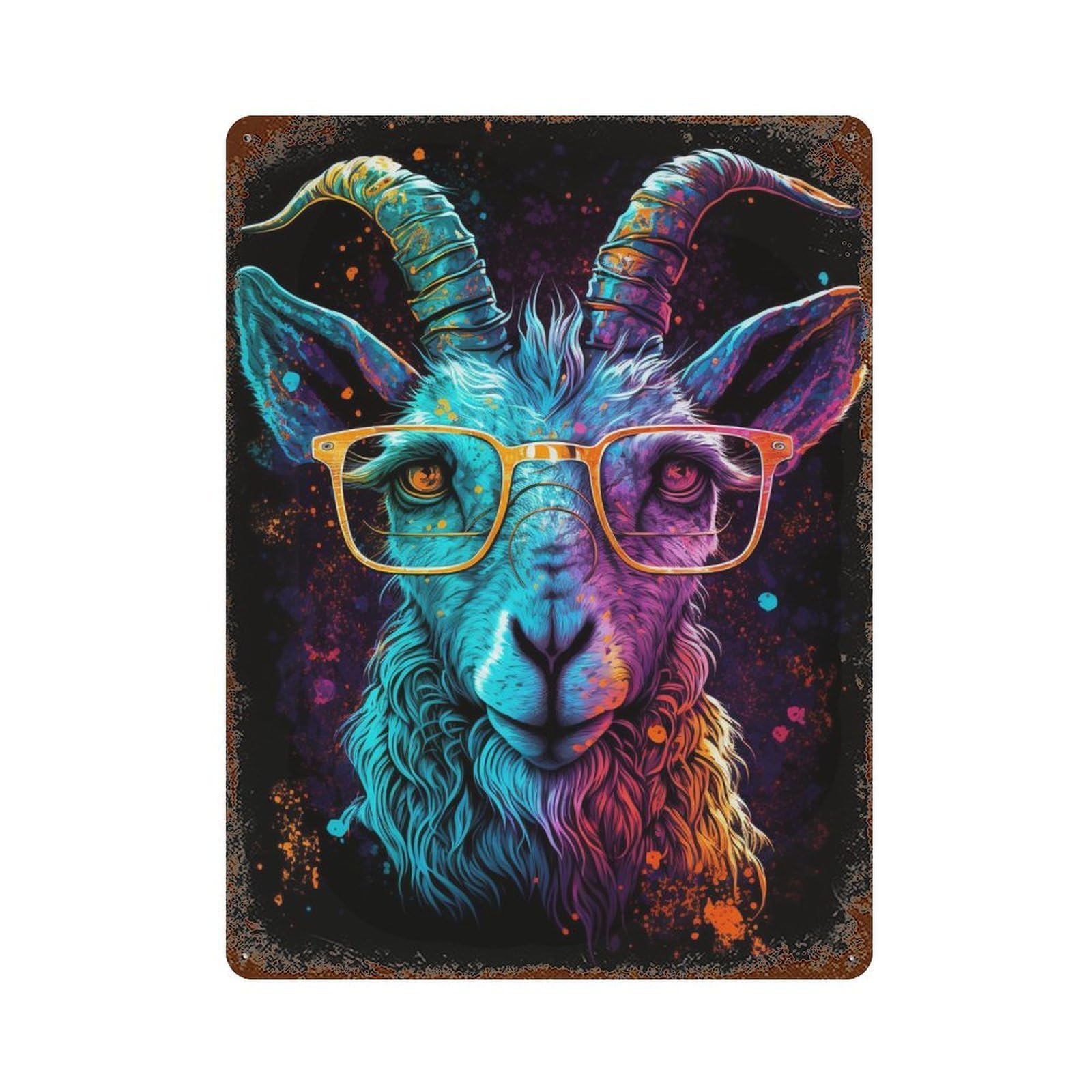 Garage Style Colorful Goat Art Print Weathered Tin Sign 15.7"x11.8", Shabby Chic Decor for Bar And Workshop