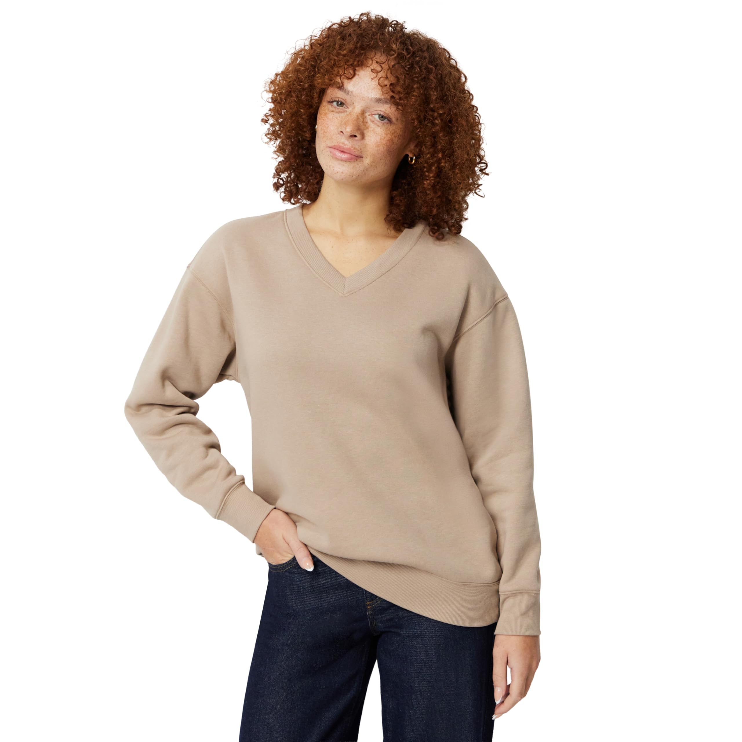 Amazon Essentials Women's Oversized V-Neck Fleece Pullover Sweatshirt, Taupe, Small