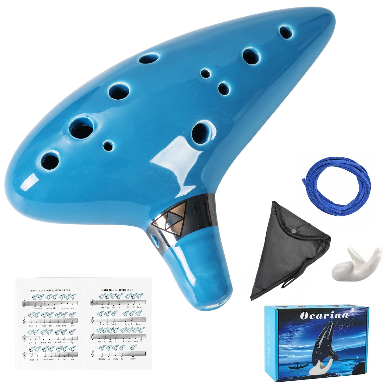 Mulucky 12-Hole Natural Clay Ocarina with Accessories|Beginner-Friendly Musical Instrument Gift Box - Light Blue