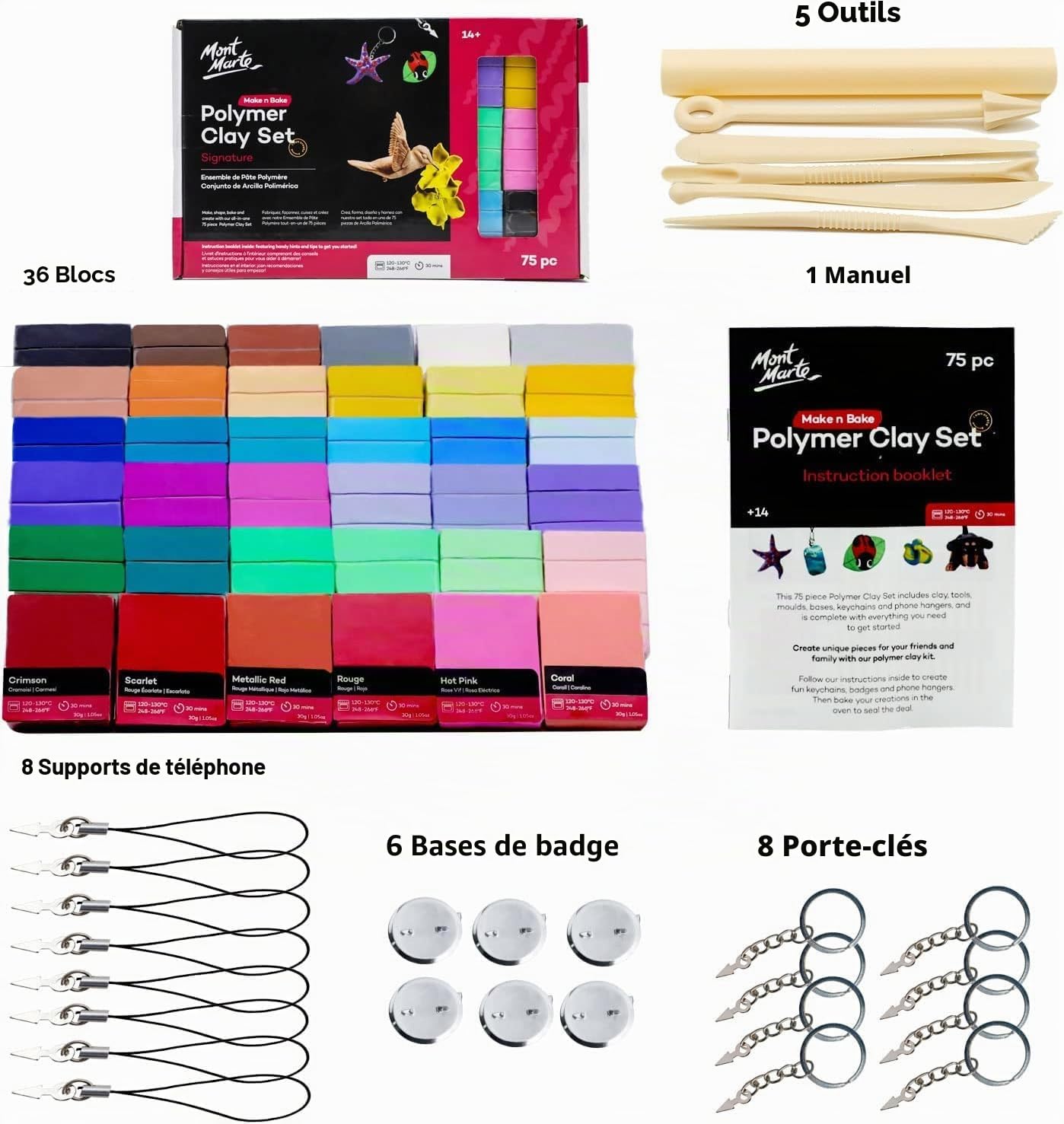Mont Marte Pate Polymere Set – 75 pièces – Polymer Clay texture douce et régulière – Argile Polymère pour Poterie, Modelage et Bricolage