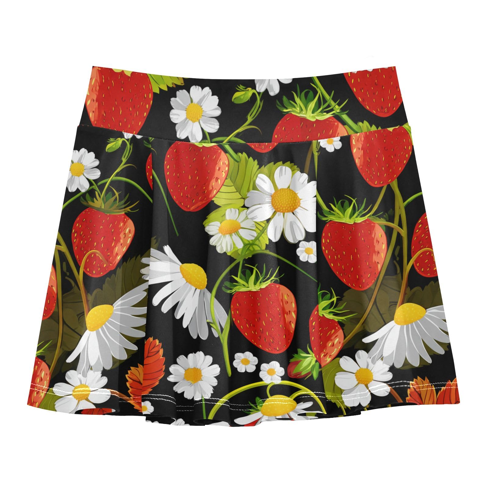 CHIFIGNO Tennis Skort for Girls Athletic Workout Skirt with Shorts Flowy Golf Skorts Red Strawberries White Daisies Black