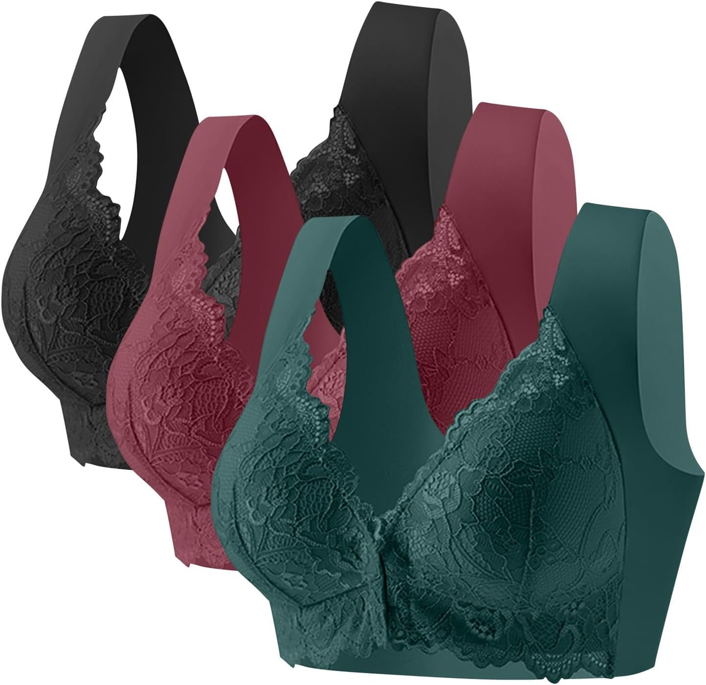 Daisy Bras for Older Women 3 Pack Front Closure No Underwire Lace Padded Bras Full Coverage Seamless Push Up Bralette