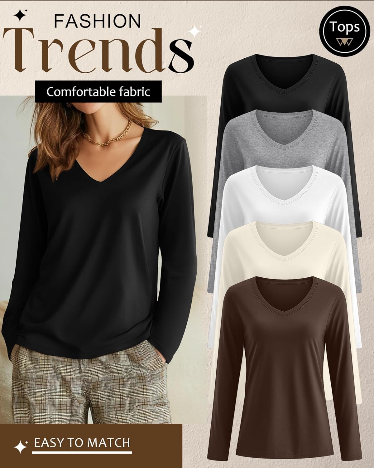 Huukeay 5 Pack Women's T-Shirts V Neck Long Sleeve Tops Casual Loose Fit Layering Shirts Flat Hem Basic Plain Work Tees - Image 3