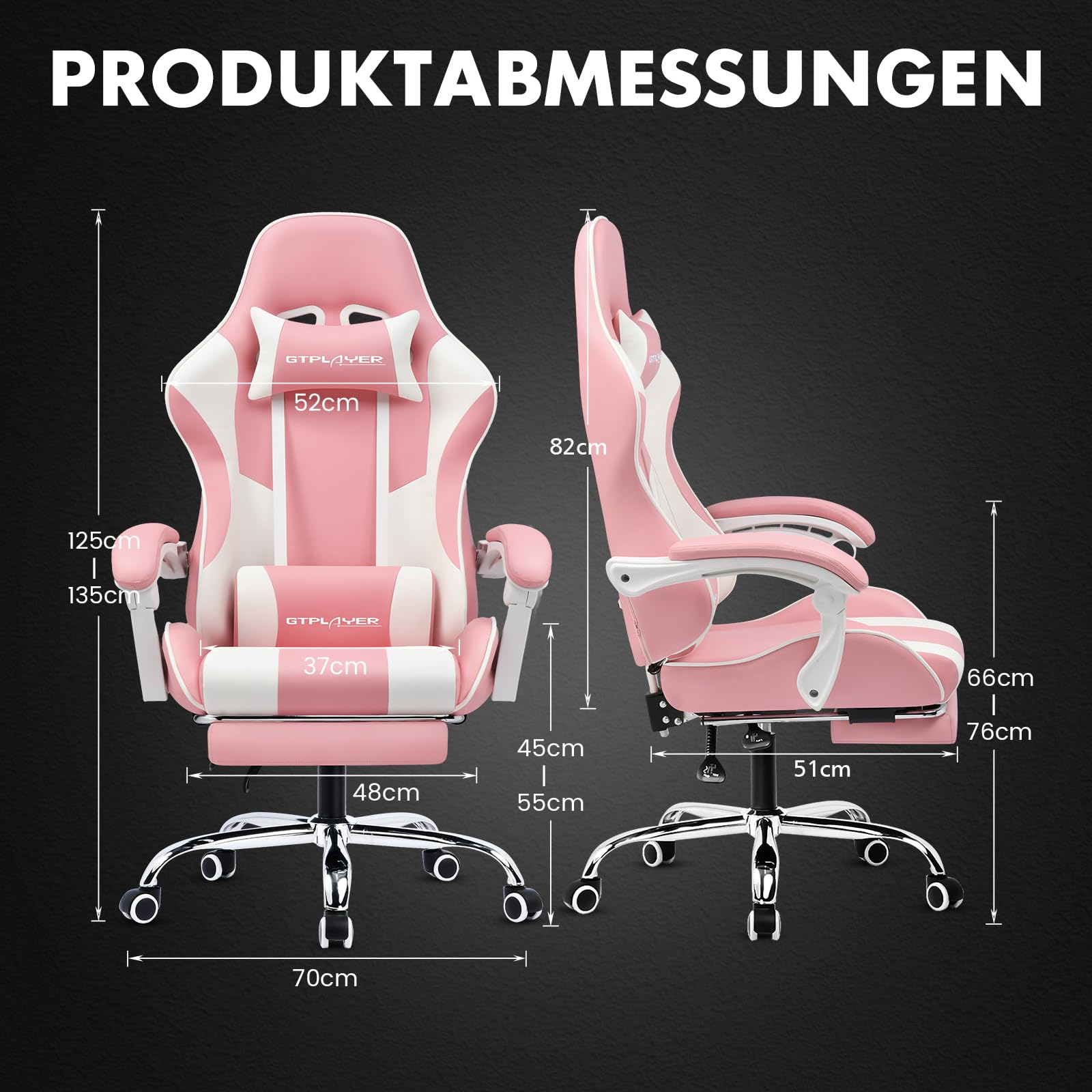 GTPLAYER Gaming Stuhl, Bürostuhl, Ergonomischer Pc Stuhl, Gaming Sessel mit Massagelendenwirbelstütze, Task Stühle mit Fußstütze und Kopfstütze, Rosa Kunstleder