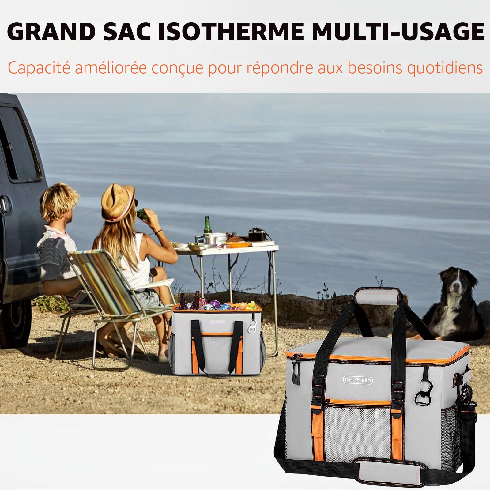 INSMEER Grand sac isotherme pliable de 50 l pour 80 canettes, pliable/anti-fuite avec ouvre-boîte, sac de pique-nique/glacière pour camping, plage, pique-nique, excursions en famille pour 4 personnes