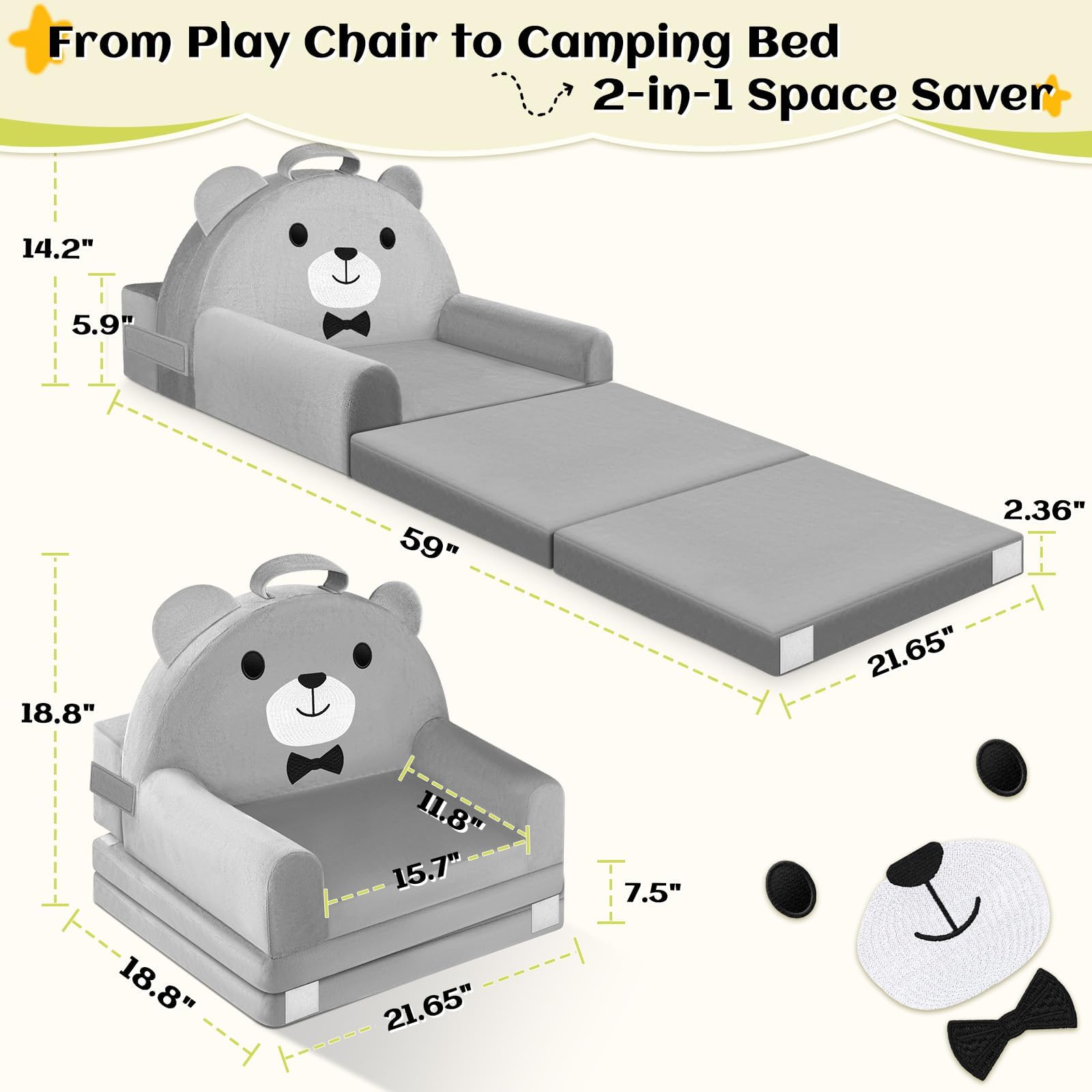 Zusammenklappbarer Kleinkindstuhl, Bett, Kindersofa, Aufklappen 2 in 1 Mini Couch, Wweiches Kristall Samt Kleinkinder Spielsofa für Schlafzimmer Wohnzimmer, Spielzimmer