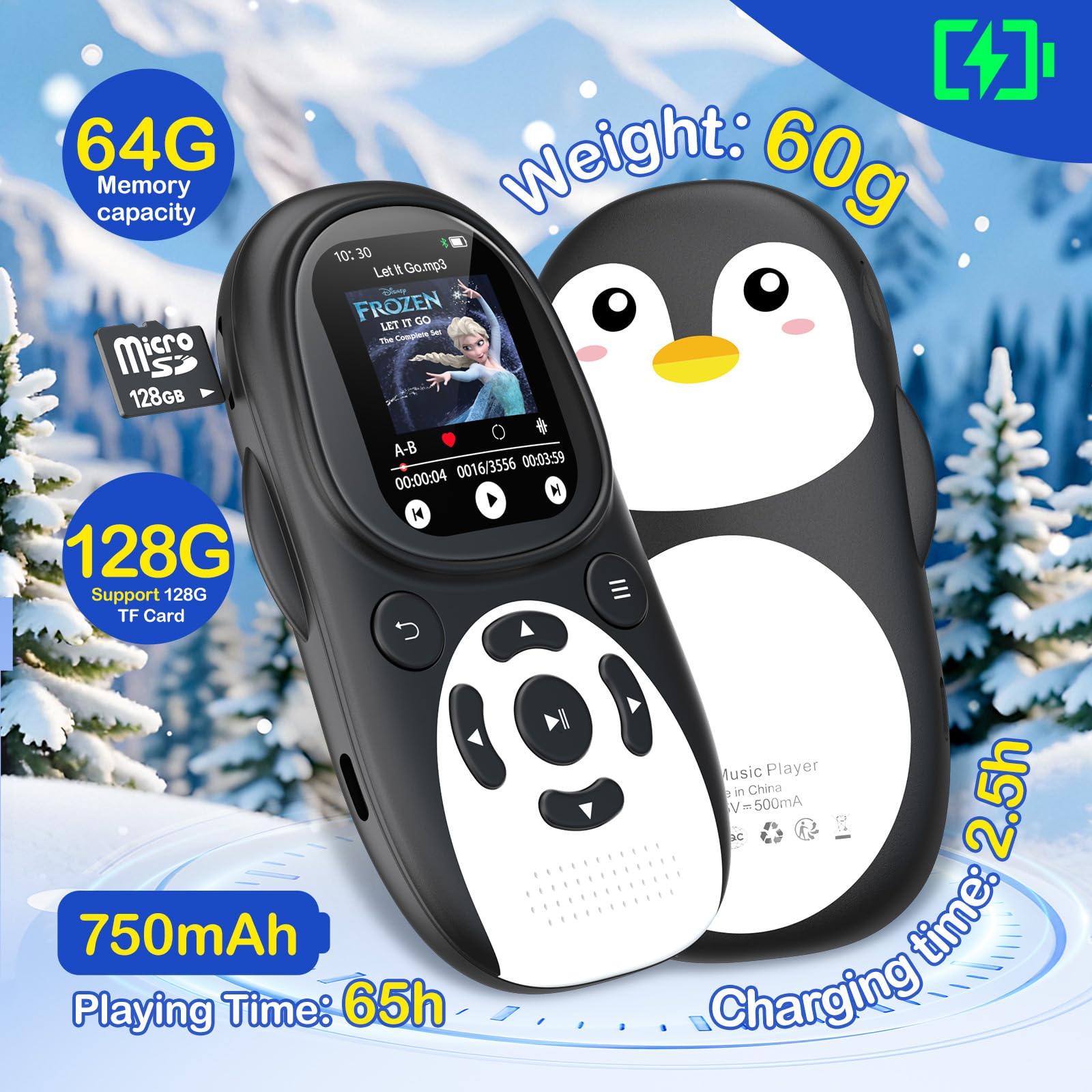 64 GB MP3 Player Children, Bluetooth 5.3 Speaker, Penguin Design