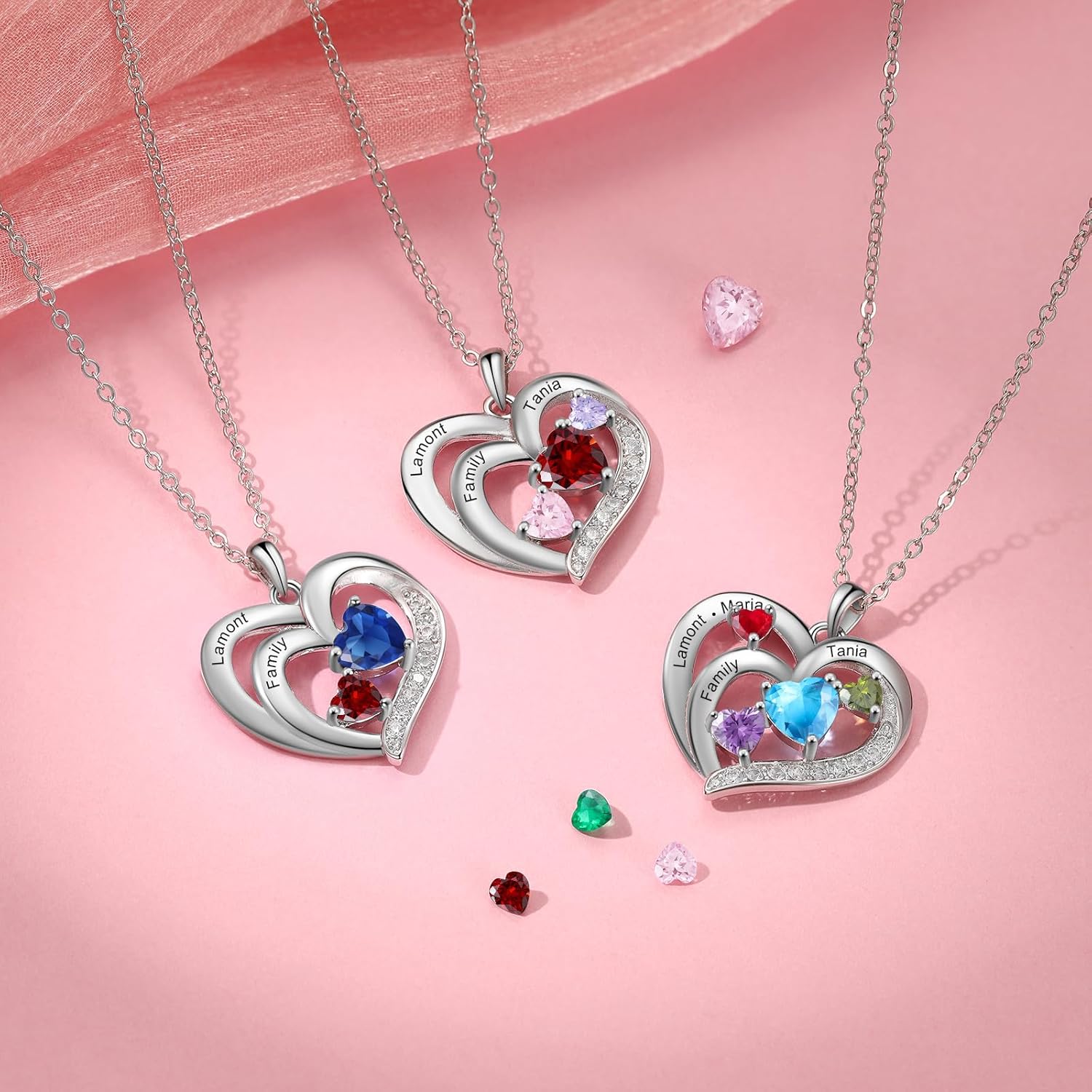 Love Jewelry Personalized Mothers Pendant Necklace with Heart Birthstone, Engraved Family Names Promise Necklace for Women Mom Wife