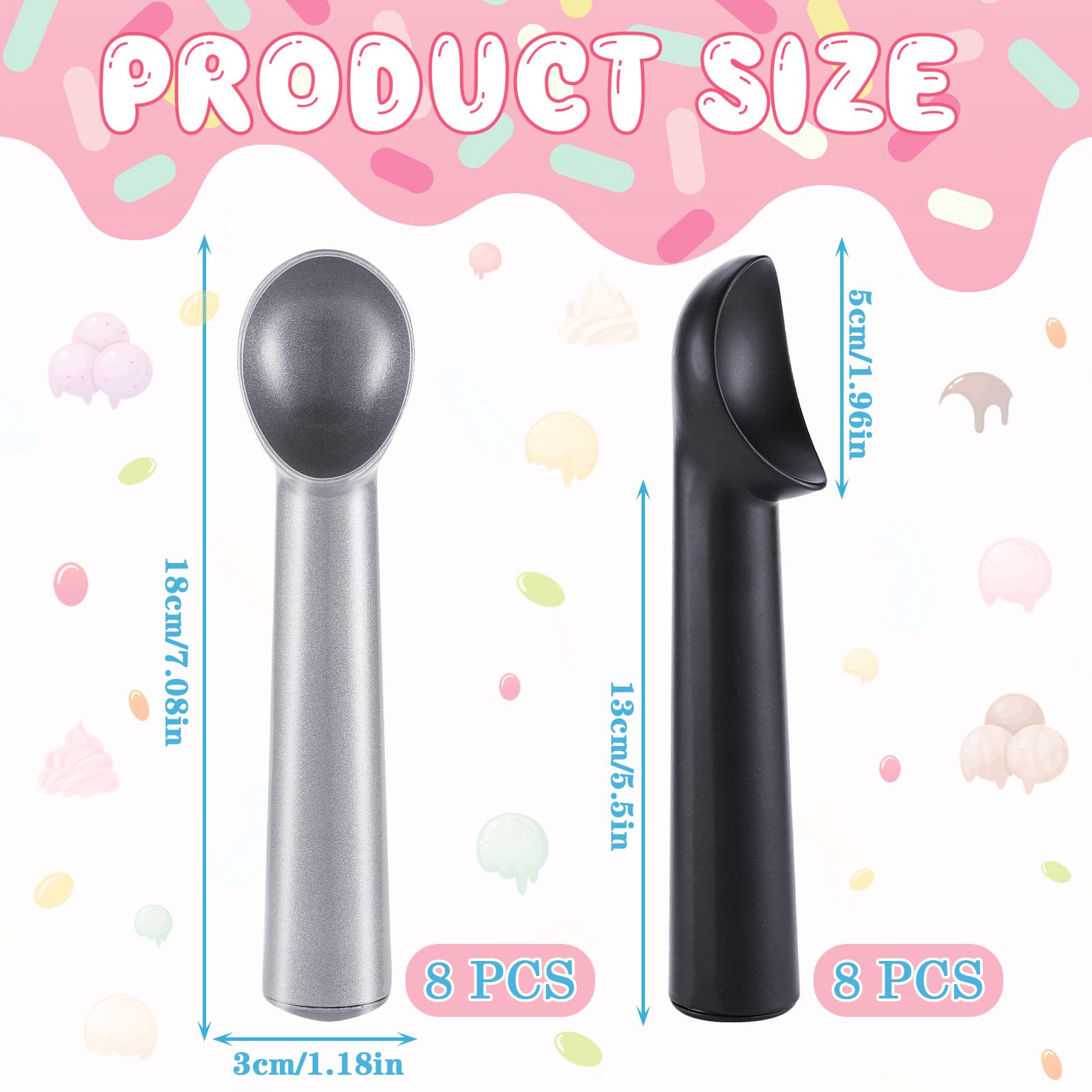 Gejoy Lot de 16 cuillères à glace antiadhésives en aluminium pour gelatos, yaourt glacé, fruits, sundaes, sorbet et amandes (noir et argenté)