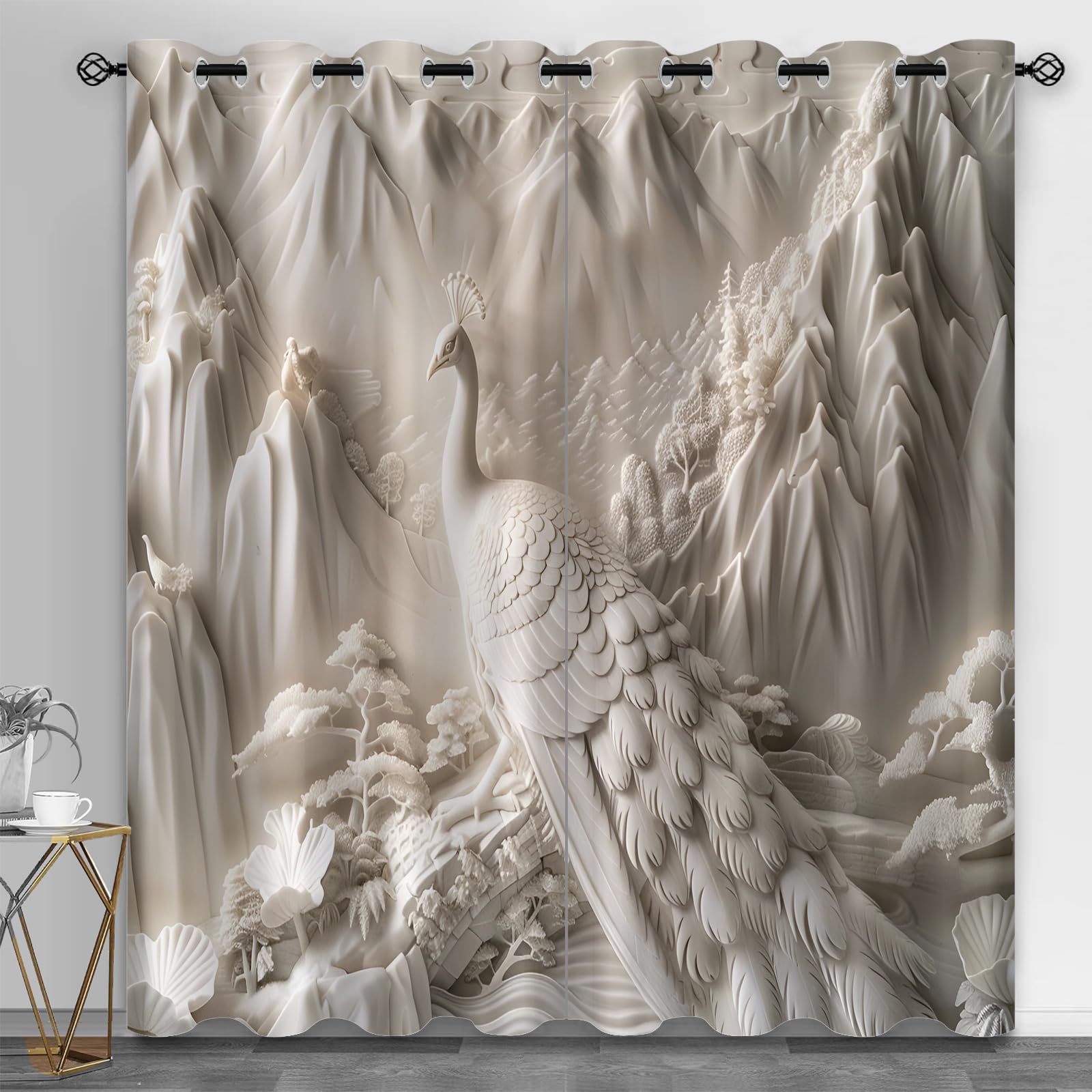 Rideaux occultants thermiques contre la lumière et le froid motif paon 3D 117x138