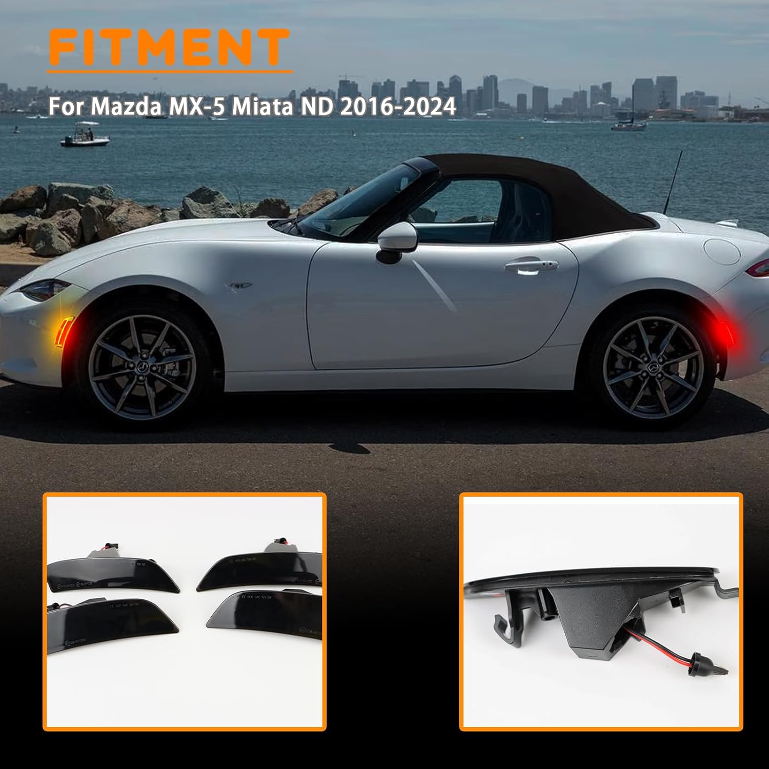Amber&Red LED Front & Rear Fender Side Marker Lights Kit for for Mazda MX-5 Miata ND 2016-2024 Fender Side Markers,Smoked Lens Side Bumper Marker Lamps,4pcs
