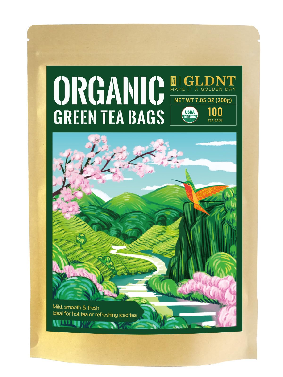 GLDNT Organic Green Tea Bags, Natural Pure Organic Green Tea, Super Antioxidant, Caffeinated, 100 CountUSDA Organic