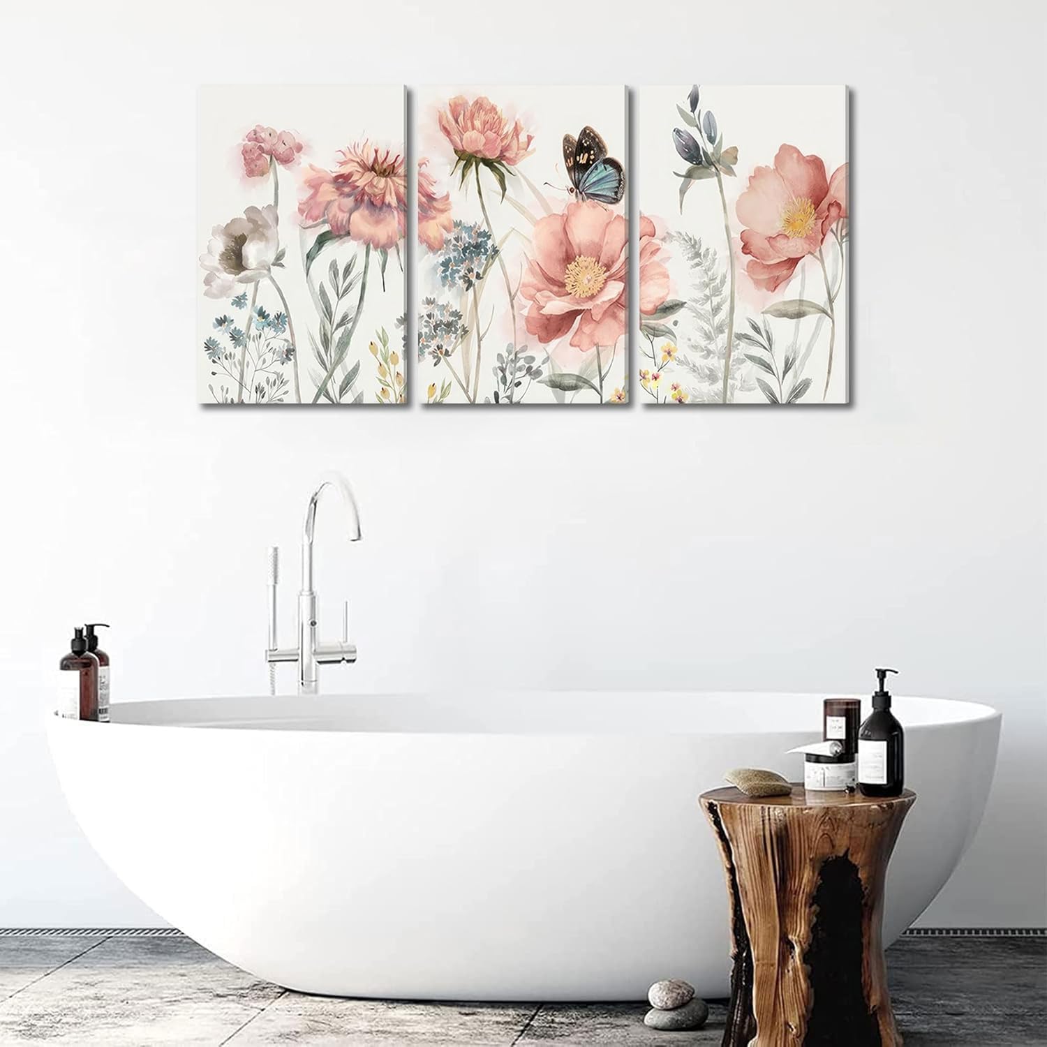 3pcs Pink Peony Floral Canvas Wall Art Butterfly Blossom Wall Decor Pictures Watercolor Bouquet Posters Prints For Living Room Classroom Bedroom Decoration Prepare To Hang