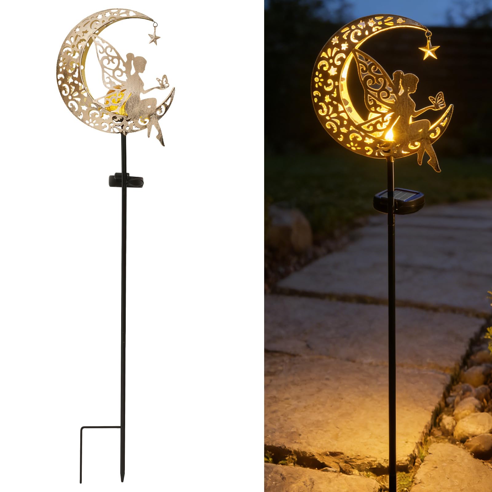 Solar Garden Lights Outdoor, Fairy Moon Garden Lights with Cracked Glass Ball, Waterproof Stake Light Ornaments for Yard, Porch, Patio, Lawn and Pathway, Decor Gifts for Mom and Grandma(Style 1)