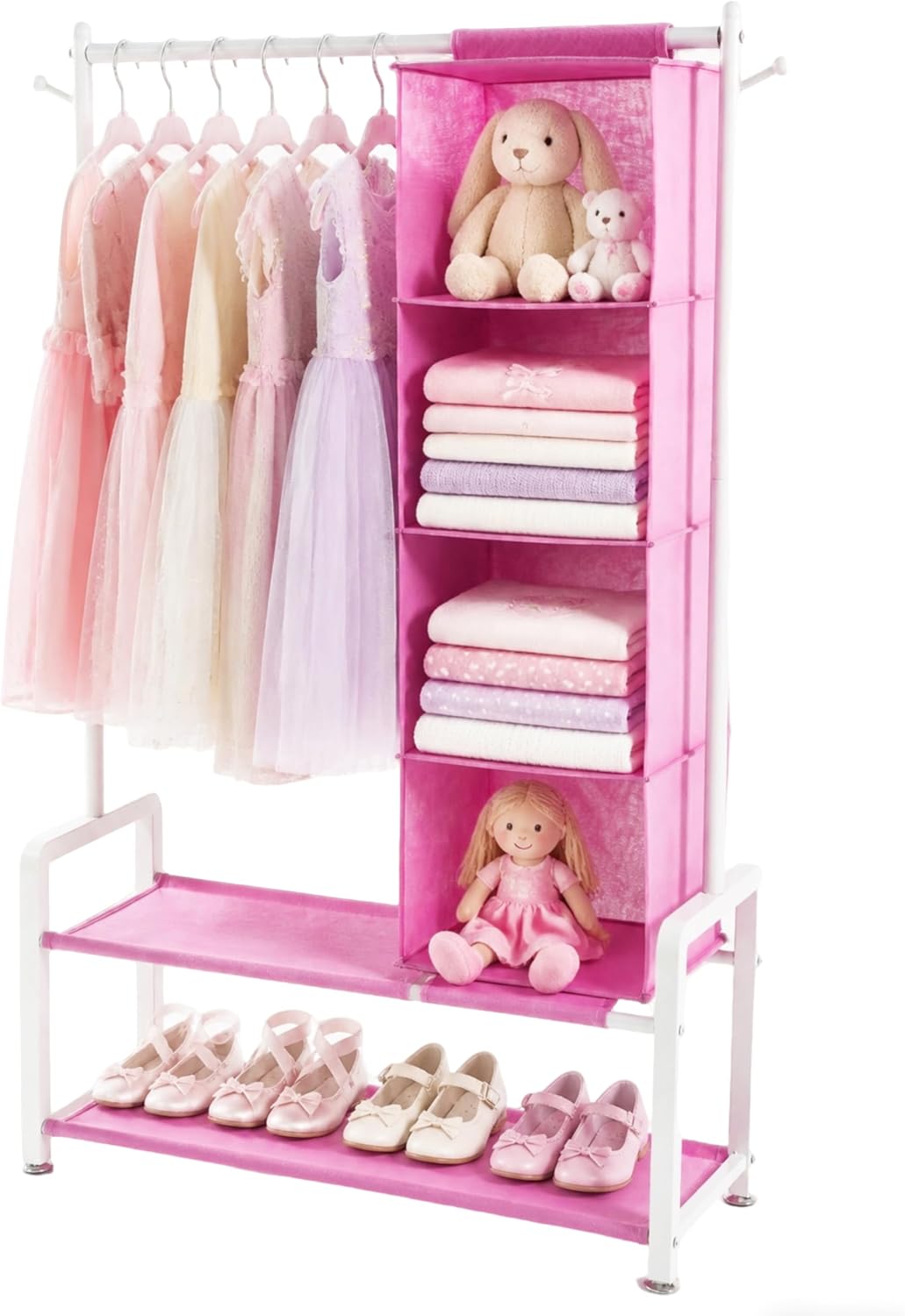 CZWL&HG 51" Tall Toddler Dress Up Rack, Sturdy Metal Baby & Kids Clothes Rack with 2 Fabric Shelves & Hanging Organizer for Little Girls Dress Up Storage, Princess Room Bedroom Decor (Pink)