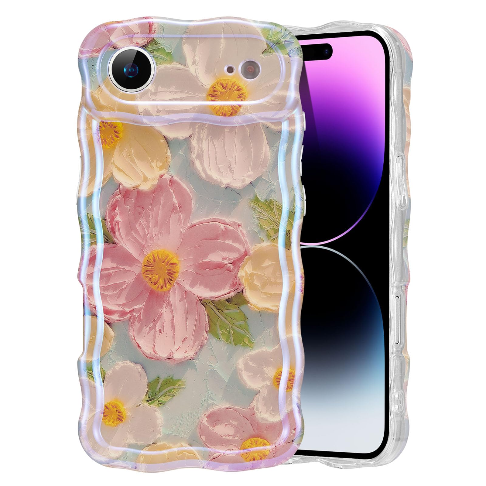 EYZUTAK Case for iPhone 15, Colorful Retro Oil Painting Flower Laser Beam Glossy Pattern Cute Curly Waves Border Exquisite Phone Cover Stylish Durable Soft TPU Protective Case for Girls Women - Green — view 61