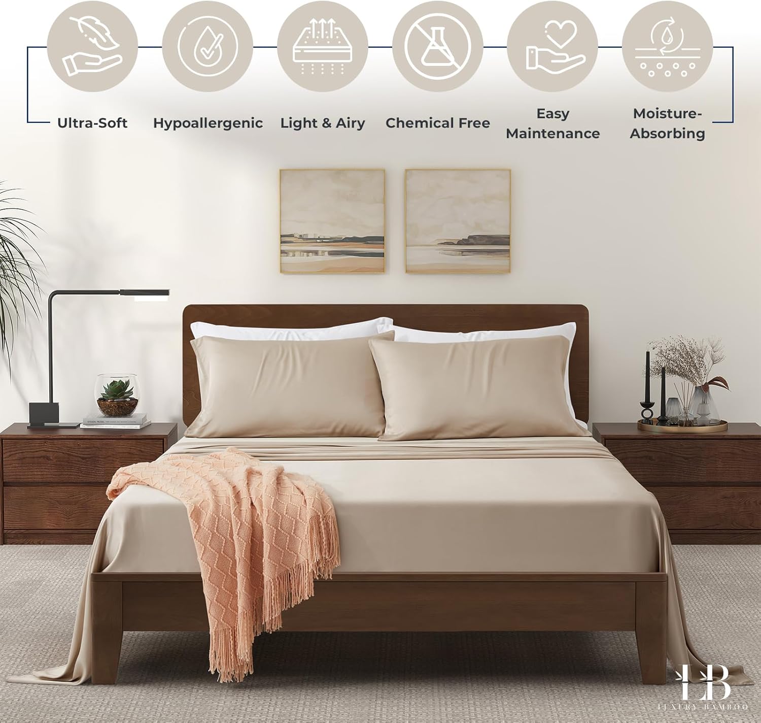 Luxury Bamboo Market | King Size Bed Sheet Set | 100% Viscose Made from Bamboo | Organically Grown | Ultra Soft | Cooling Sheets for Hot Sleepers | 17" Deep Pocket [Dune] - Image 9