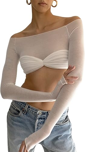 Miniatura 2 de Women Off Shoulder Shirt Y2K White Long Sleeve Slim Fit Top Tee Sexy Streetwear Blouse Tops