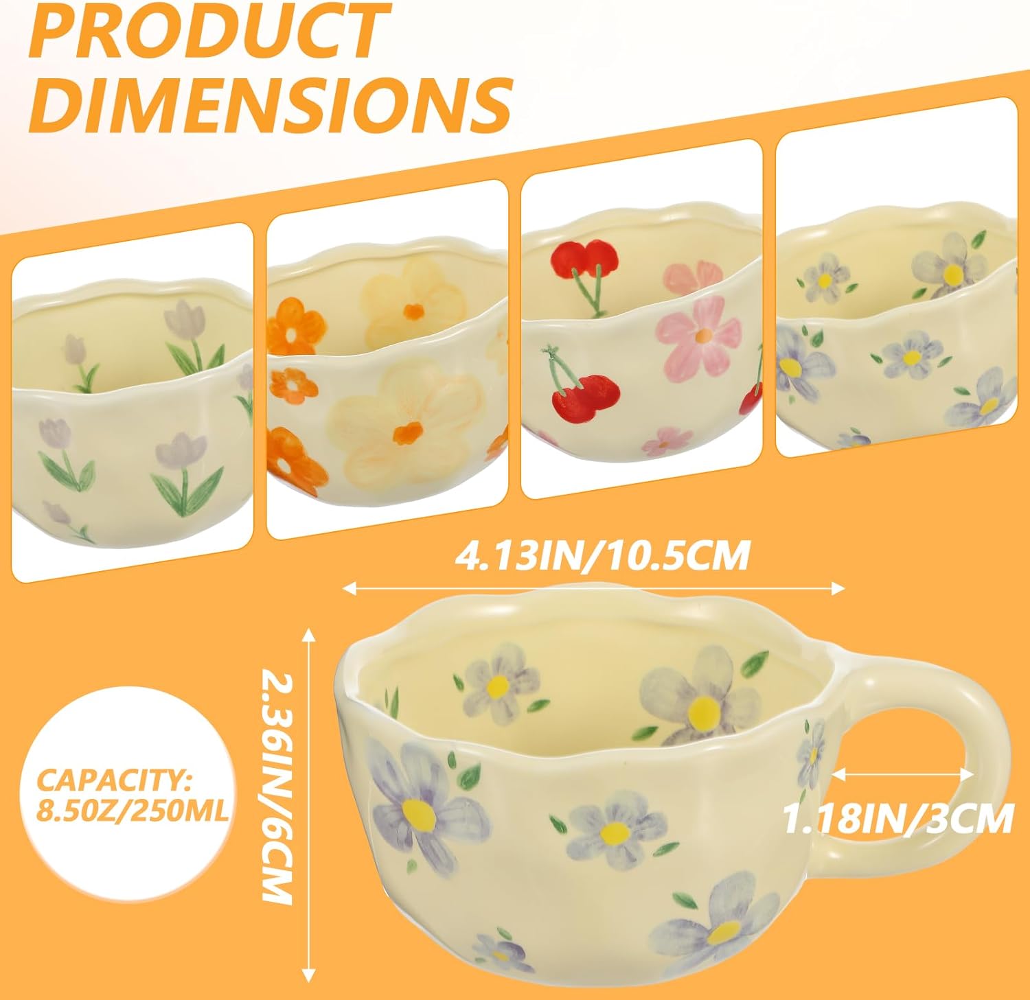 4 Styles Cute Ceramic Flower Coffee Mug Set 8.5 oz Vintage Aesthetic Porcelain Floral Tea Coffee Cup with Handle Dishwasher Microwave Safe for Thanksgiving Christmas Gifts for Women Gifts - Image 2
