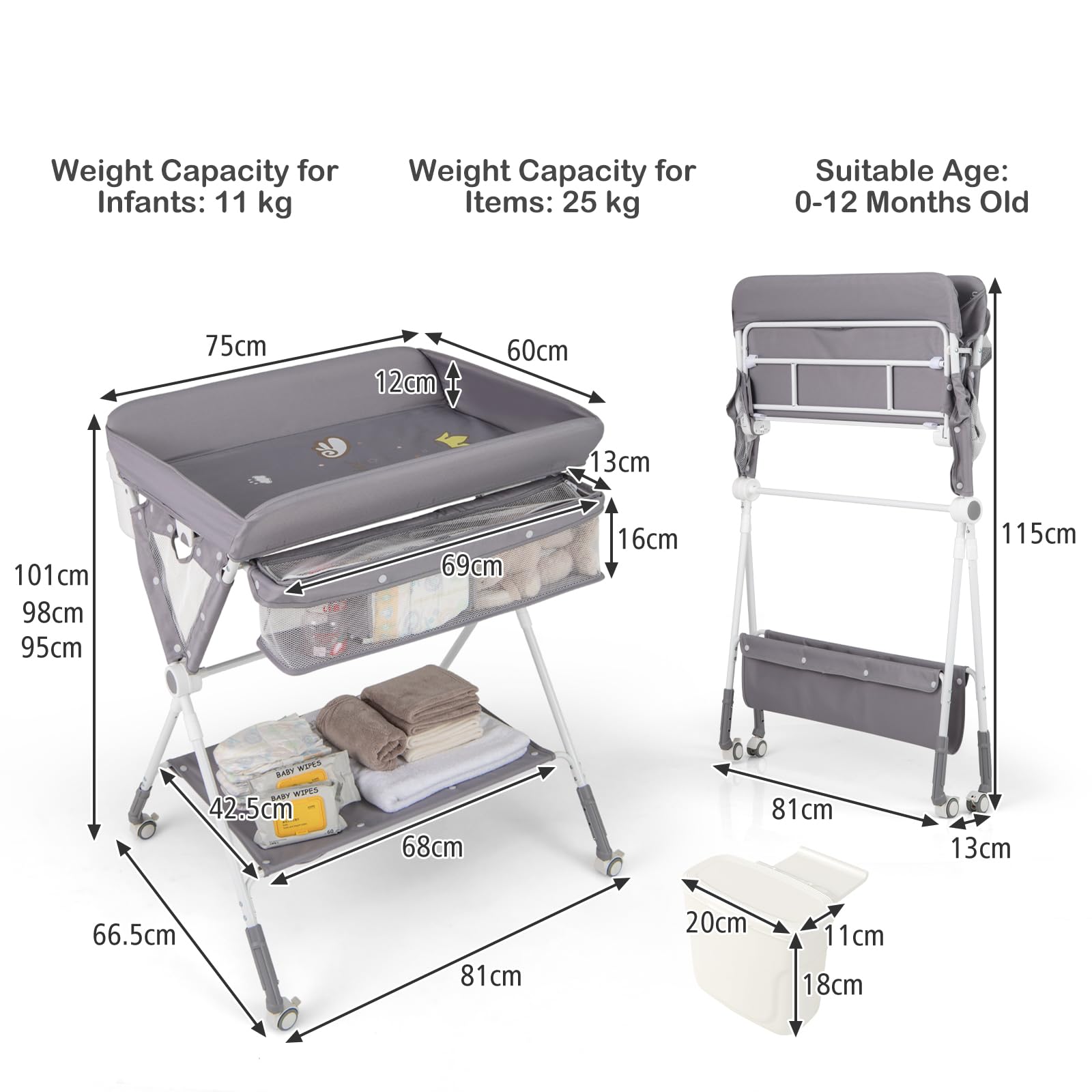 LIFEZEAL Cambiador 3 en 1 para Bebé, Cambiador Plegable con Ruedas, Cambiador de Pañal Ajustable de Tejido Oxford y PP, Capacidad de Carga 15 KG, no incluye bañera (Gris)
