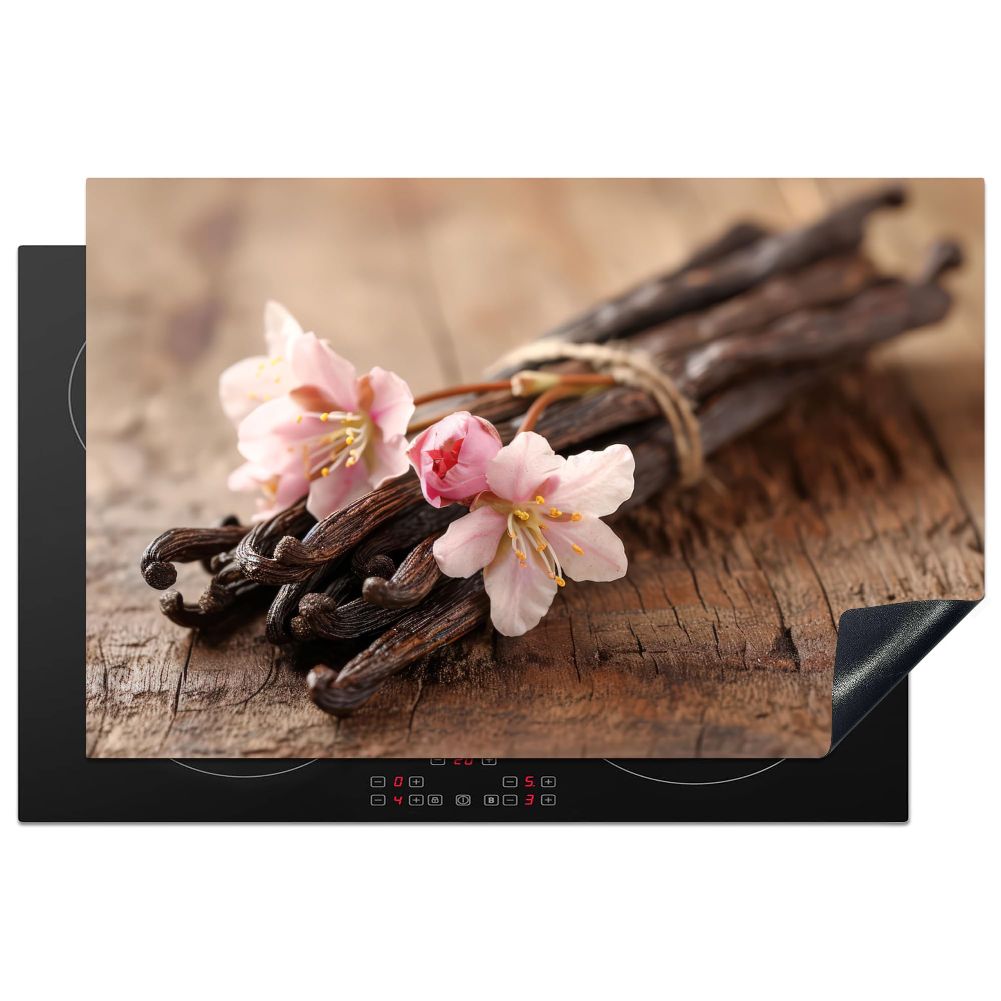 KitchenYeah© Induction Hob Cover Protector Mat 20.8"x32.1" / 81.6x52.7 cm Kitchen Universal Ceramic Covers for Electric Cookers Vinyl Vanilla - Flowers - Vanilla pods - Wood - Pink
