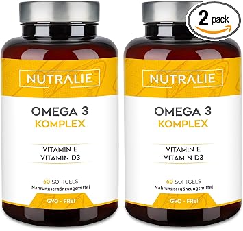 Omega 3 Capsules 2000mg - EPA and DHA 1257mg - Vitamin D and E - Fish Oil - 60 Softgels Fish Oil Omega 3 Nutralie Pack of 2