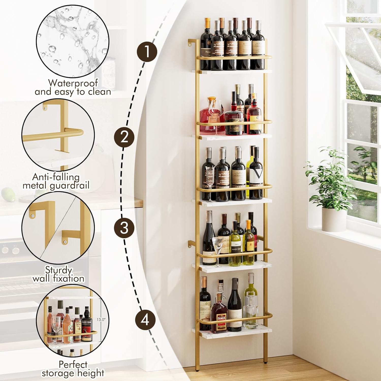 5-Tier Wine Rack Wall Mounted, Wine Racks Freestanding Floor with Fences, 50 Bottles Wine Bottle Holder Liquor Cabinet Bar Shelves for Home, Kitchen, Dining Room (Gold)
