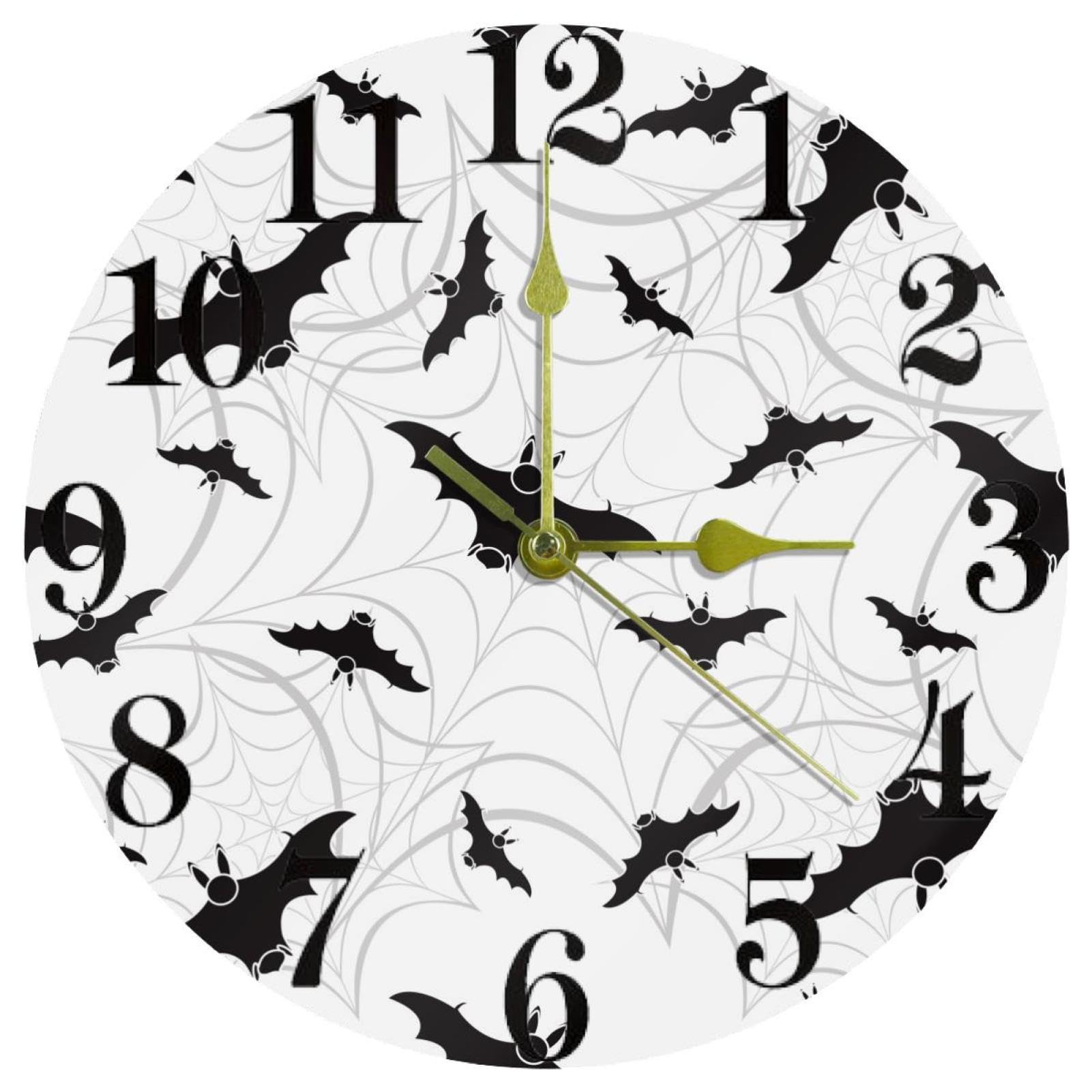 Chauve-souris horloge murale Halloween à quartz sans tic-tac ronde noire