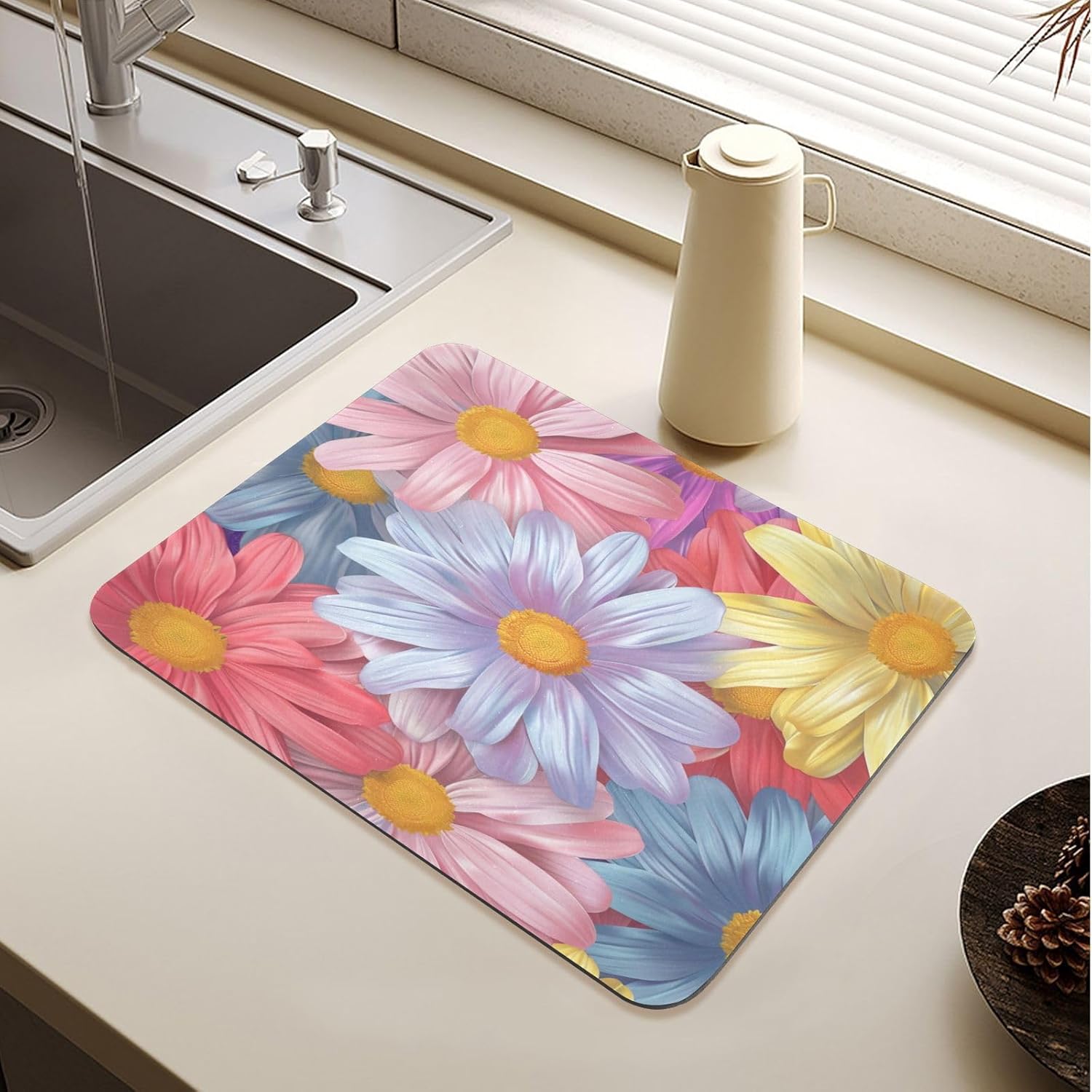 Dish Drying Mat 20 x 24 Inch with Non Slip Rubber Backed, Daisy (2) Dish Drying Pad Dish Rack Pad Drainer Mat for Kitchen Counter Coffee Bar, L