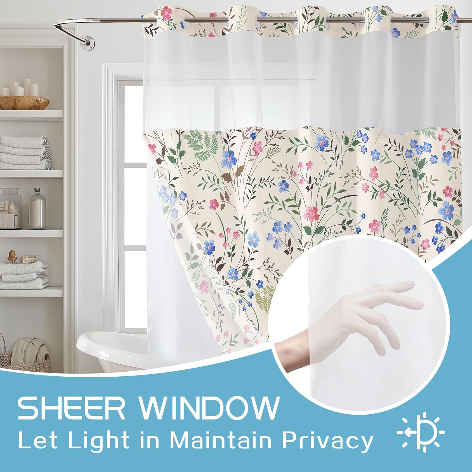 No Hook Pink and Blue Wildflower Shower Curtain with Snap in Liner Set, Plant Pink Floral on Beige Shower Curtain for Bathroom, Green Leaf Fabric Shower Curtains Decor, 72x74 Inches