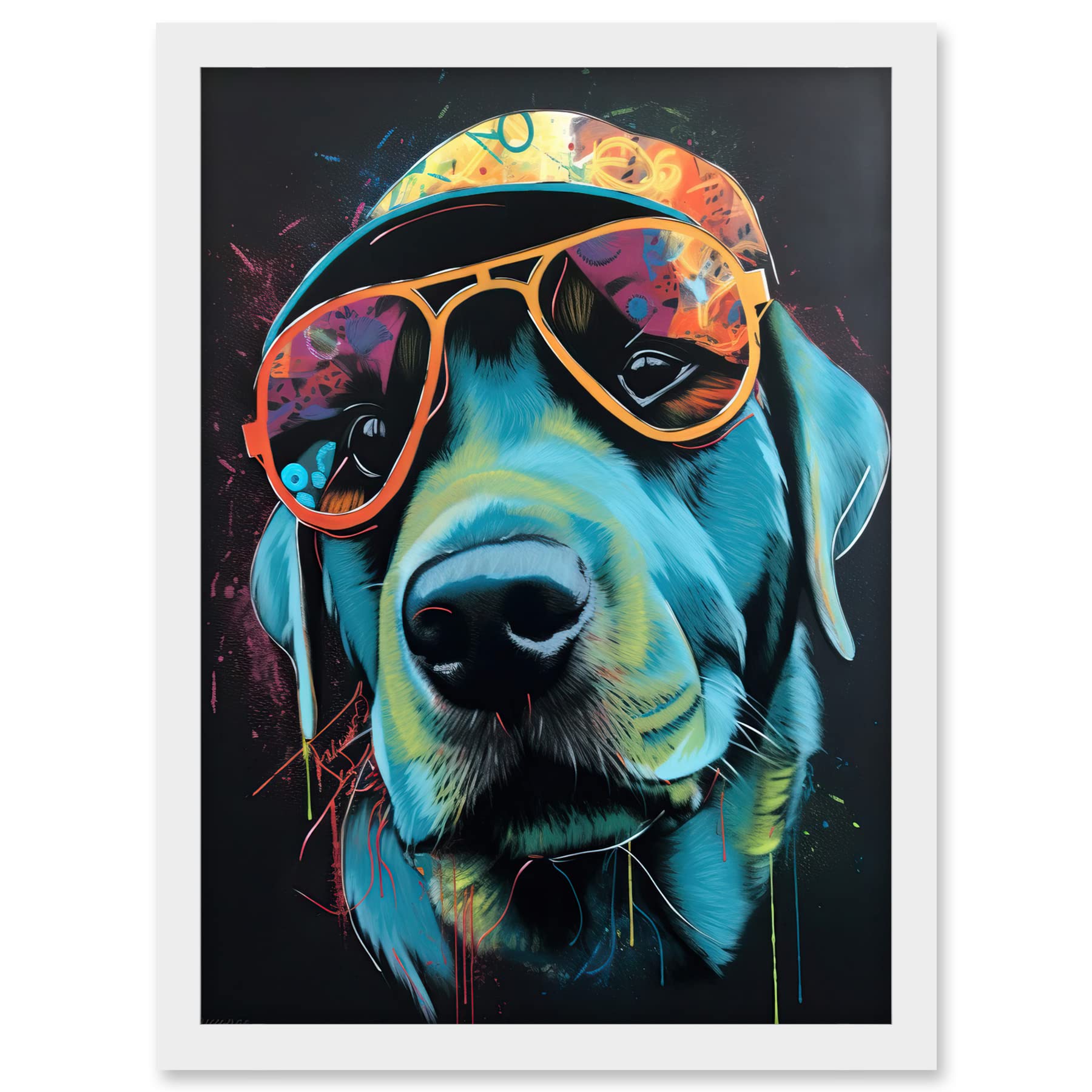 Artery8 Labrador Retriever with Sunglasses and Hat Artwork Framed A3 Wall Art Print